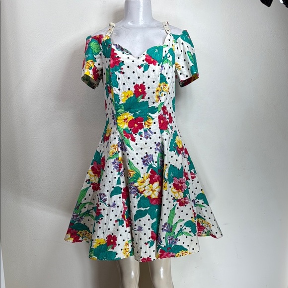 (T2) Benson & Smith 80s Vintage Bohemian Floral Print Cream Cotton Dress, Size 9 - Picture 1 of 14